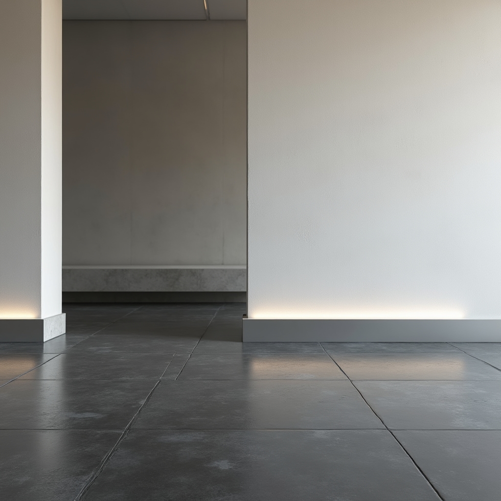 Listwa aluminiowa srebrna przy szarej podłodze w nowoczesnym salonie